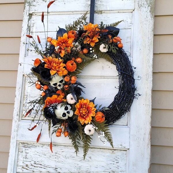 Orange And Black Skull & Spider Halloween Wreath For Front Door, Pumpkin Halloween Wreath, Halloween Home Decor, Skull Decor, Wall Decor