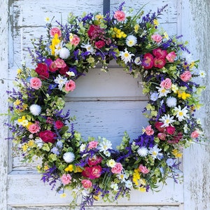 Spring Wildflower and Lavender Wreath for Front Door | Yellow Wreath | Pink Summer Wreath | Large Eucalyptus Wreath | Purple Cottage Wreath