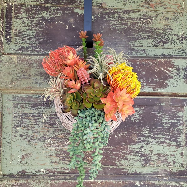 Colorful Artificial Succulent Arrangement | Faux Succulent Door Hanger | Small Hanging Succulent Basket | Artificial Succulent Wreath