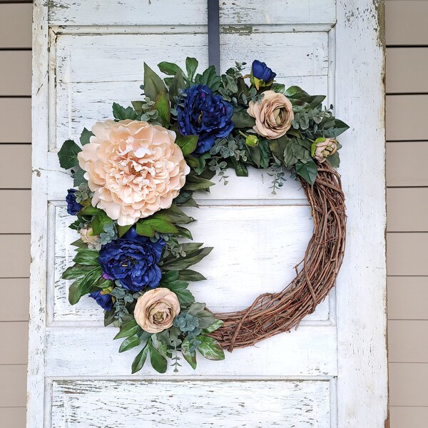 Year Round Navy Blue Spring Peony Wreath for Front Door | Beige wreath  | Tan wreath | Housewarming gift | Wall Decor Living Room