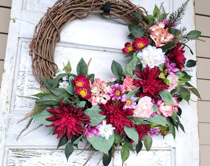 Pink Rose and Red Dahlia Spring Wreath for Front Door Purple Wreath ...