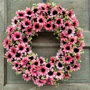 Dusty Pink Summer Sunflower & Eucalyptus Wreath for Front Door | Farmhouse Wreath | Year Round Eucalyptus Wreath | Pink Spring Wreath