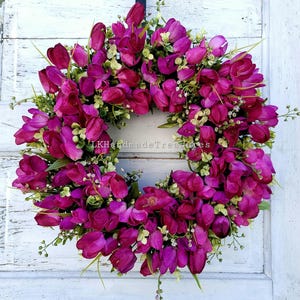 Fuchsia Pink Spring Tulip & Eucalyptus Wreath for Front Door | Wedding Decor | Year Round Tulip Wreath | Easter Wreath | Summer Wreath