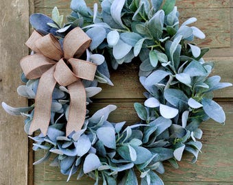 Lamb's Ear Wreath with Beige Bow: Farmhouse Front Door Decor