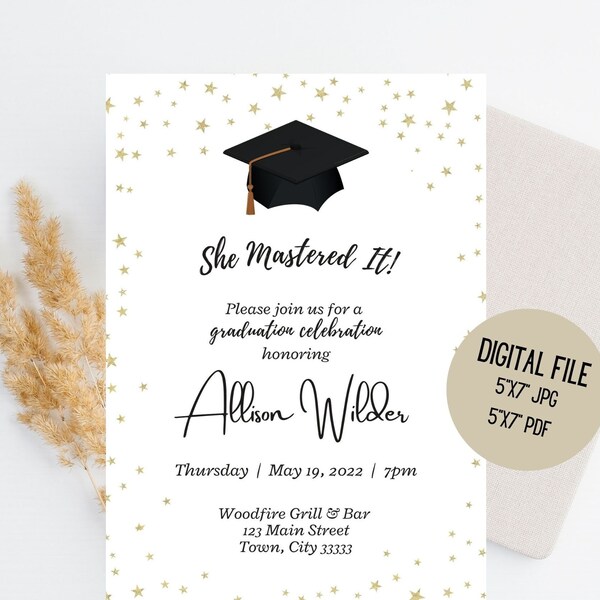 Master's Graduation Party Invitation, Minimalist Invite, Class of 2024, Customized Digital Download, She Mastered It, Printable