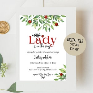 Ladybug Baby Shower Invitation, A Little Lady, Minimalist Theme, Customized Digital Download, Insect Greenery Invite, Nature Theme
