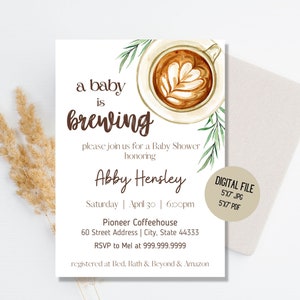 A Baby is Brewing Baby Shower Invitation, Coffee Baby Shower, Gender Neutral, Boho Theme, Printable Digital Download, Babies are Brewing