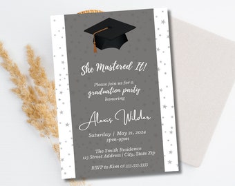 She Mastered It Graduation Party Invitation, Masters Degree, Elegant Graduation Invite, College, Class of 2024, Announcement, Celebration