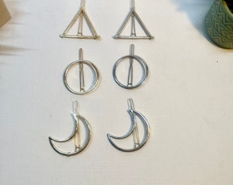 Gold and Silver hair clips - 3 different shapes : moon, triangle and circle