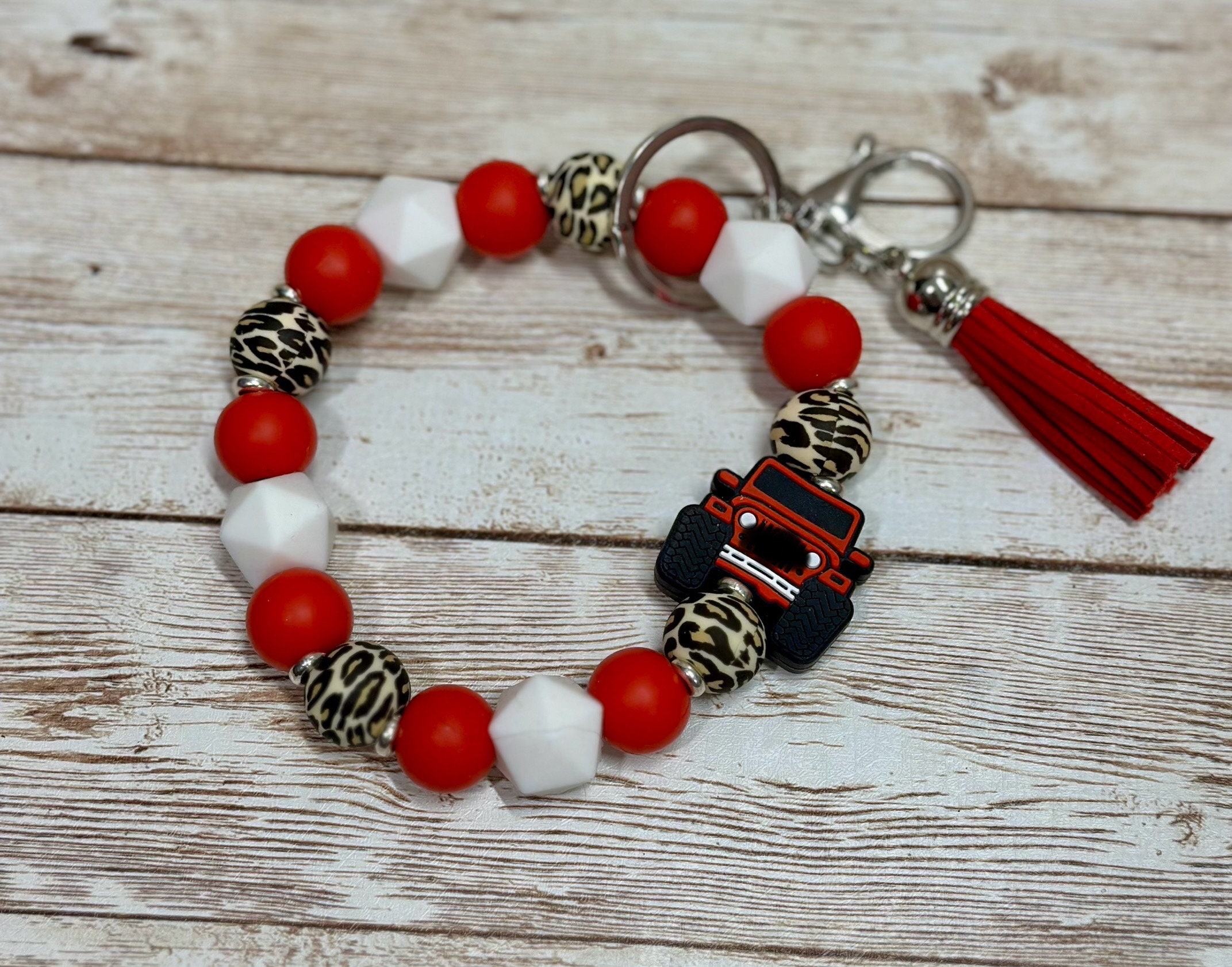 Silicone Beaded Keychain Bracelet - Boho Style Wristlet Key Holder For Women, Adjustable
