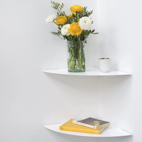 Metal Corner Shelf for Wall, White and Black Semi Circle Floating Set of 2 Shelves