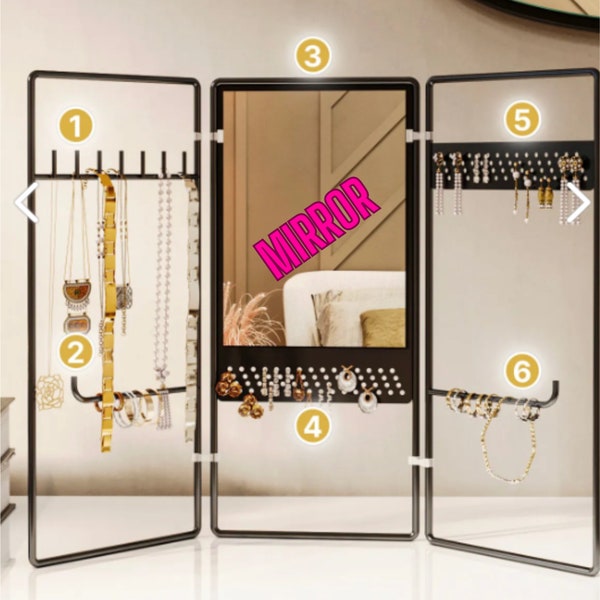 Foldable Black with Mirror Jewelry Stands, Rings, Necklace, Earring, Bracelets Hangings, Organizer