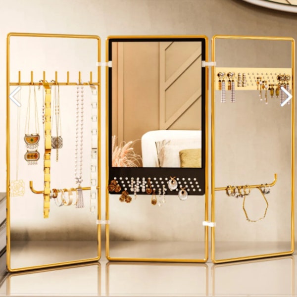 Foldable Golden with Mirror Jewelry Stands, Rings, Necklace, Earring, Bracelets Hangings, Organizer