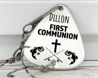 First Holy Communion Fishing Lure - Fish Personalized Gift Communion - Eucharist - Sacraments of Initiation - Cross Christianity Religion