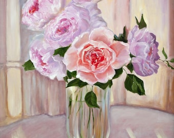 ピンクのバラの油絵 オリジナルの花瓶に入った花の絵画 クラシックな壁