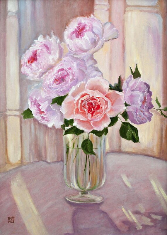 売却済み 花瓶のバラ：額装済み花柄油絵静物画、50 x 70 cm - Etsy 日本