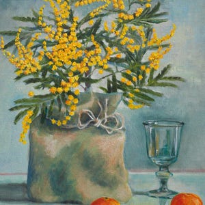 Mimosa: Original Oil Painting Spring Floral Still Life, 50x60x4.5cm