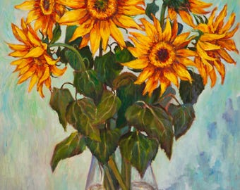 ひまわりの花束 - クロード・モネの手描き油絵の複製、6 つの花の静物