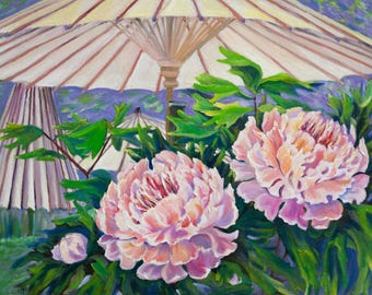 Pioenrozen en parasols: origineel olieverfschilderij bloemencanvas, 46 x 61 cm