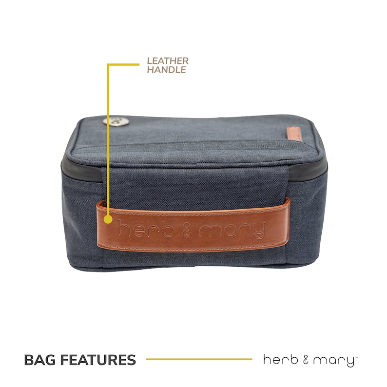 Może przedstawiać: Prostokątna torba w ciemnoniebieskim kolorze z brązowym sk&oacute;rzanym uchwytem i wytłoczonym na nim tekstem "herb & mary". Torba ma czarny zamek błyskawiczny i czarną lam&oacute;wkę wok&oacute;ł g&oacute;rnej krawędzi.