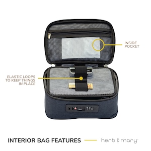 Może przedstawiać: Czarna walizka podr&oacute;żna z zamkiem szyfrowym i wewnętrzną kieszenią z siatki. Walizka ma elastyczne pętle, aby utrzymać przedmioty na miejscu. Tekst "INSIDE POCKET" jest widoczny na zdjęciu.