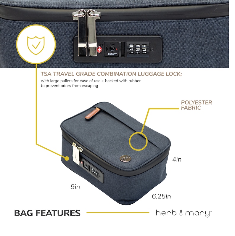 Może przedstawiać: Niebieska torba podr&oacute;żna z zatwierdzonym przez TSA zamkiem szyfrowym. Torba wykonana jest z tkaniny poliestrowej i ma wymiary 23 cm x 16 cm x 10 cm. Torba posiada zamek błyskawiczny i mały brązowy akcent sk&oacute;rzany.