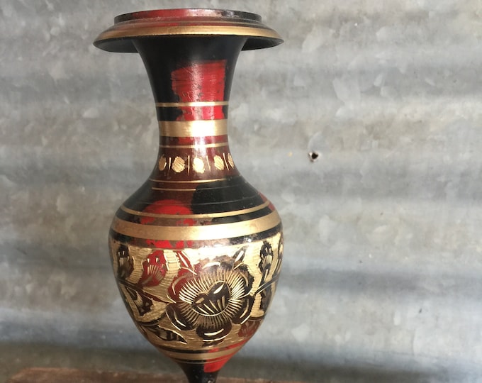 Vintage Etched Brass Vase - Red and Black painted with etched designs - home decor - small vase
