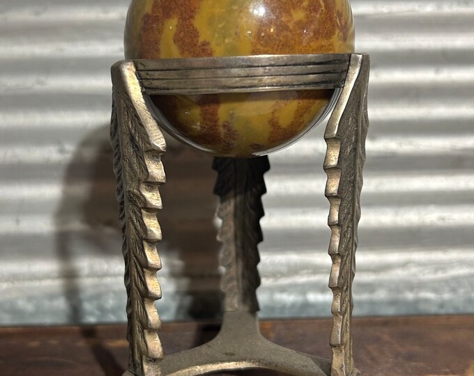 Vintage Red/Brown agate polished sphere on footed brass stand 3” diameter-heavy duty piece