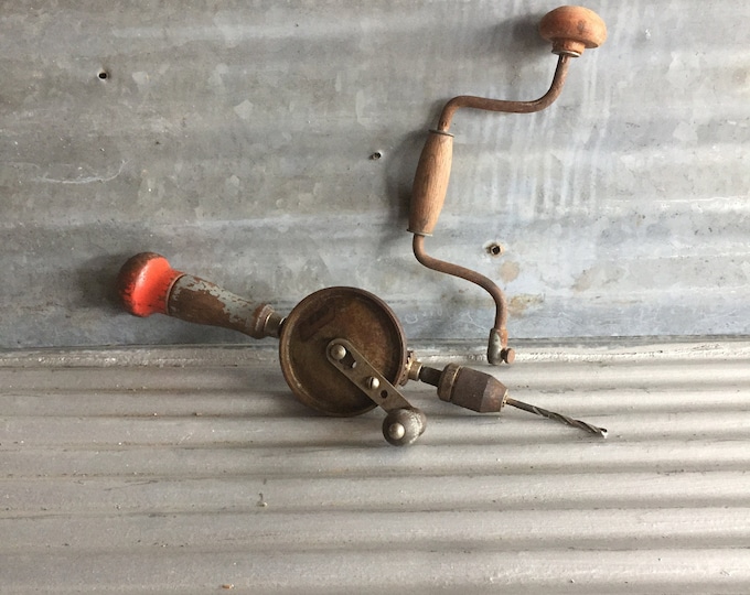 Vintage hand drills-Stanley beater style-hand crank style-wood handles-set of two