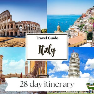 Puede incluir: Una guía de viaje titulada "Italia" con un itinerario de 28 días. La imagen es un collage que presenta el Coliseo, pueblos costeros, canales y la Torre Inclinada de Pisa. El cielo es azul con nubes.