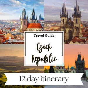 Pode incluir: Um guia de viagem para a República Checa com um itinerário de 12 dias. O guia apresenta imagens da arquitetura icônica de Praga, incluindo a Ponte Carlos e a Praça da Cidade Velha.