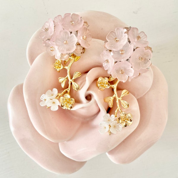 Blush Pink Crystal Floral Pearl Flower Cluster Stud Gold Vine Branch Dangle Statement Earrings