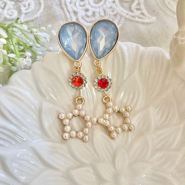 Light Blue Opal Crystal Teardrop Stud Red Rhinestone Gold Pearl Star Fourth of July Dangle Statement Earrings