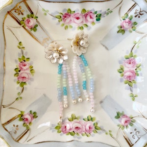 Clear Crystal Rhinestone White Pearl Flower Stud Glass Bead Multicolor Pastel Rainbow Strand Dangle Statement Earrings