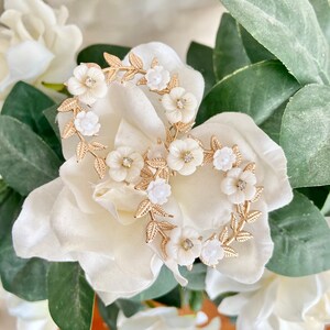 Gold Leaf Vine Garland Wreath White Mother of Pearl Flower Crystal Rhinestone Bridal Wedding Stud Statement Earrings
