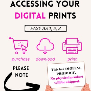 May include: An infographic with the text "ACCESSING YOUR DIGITAL PRINTS" and the steps "purchase, download, print." A sign held by hands states "This is a DIGITAL PRODUCT. No physical product will be shipped."