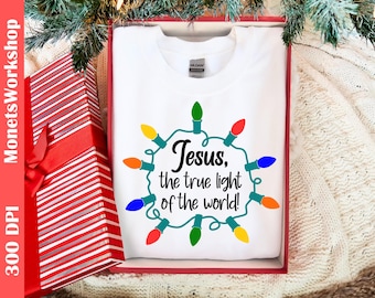 Christian Christmas Lights SVG PNG: Jesus Shirt & Ornament Design, Holiday Cut File