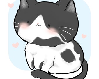 May include: A black and white cartoon cat with pink cheeks, sitting on a light blue background. The cat has a white patch on its chest and black spots on its back.
