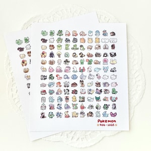 May include: A sheet of stickers featuring Pokemon characters from generations 6-8. The stickers are colorful and feature a variety of Pokemon, including Pikachu, Charizard, and Squirtle. The sheet is labeled "Pokemon 906-1025".