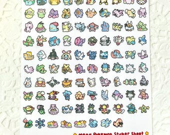 May include: A sticker sheet featuring a variety of colorful cartoon characters. The sheet includes the text "mega Pokemon Sticker Sheet" and the Instagram handle "midori_chann". The stickers are in various colors, including blue, yellow, green, and pink.