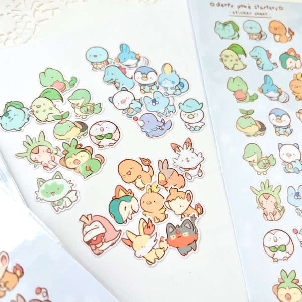 Pastel Tiny Derpy Poke Gen 1-9 Starters Sticker Sheet | 27 stickers!