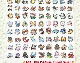 May include: A sticker sheet featuring 72 Pokémon from the Kalos region. The sheet includes a variety of Pokémon, including grass, fire, water, electric, and fairy types. The sheet is white with a red border and the text "650-721 Pokémon Sticker Sheet Kalos @midori.chann" printed at the bottom.