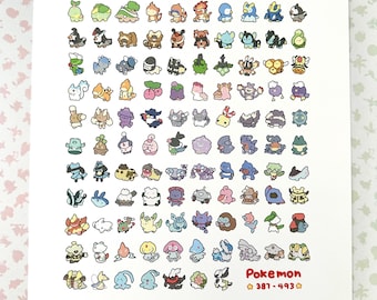 May include: A white background with a grid of 112 colorful cartoon Pokemon characters. The Pokemon are from generations 6 and 7. The text "Pokemon 387-493" is at the bottom of the image.