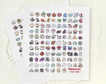 May include: A sheet of stickers featuring colourful cartoon illustrations of Pokemon characters from generations 7 and 8. The stickers are arranged in rows and columns on a white background. The text "Pokemon 722-809" is printed in the bottom right corner.