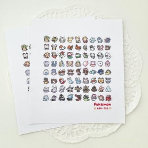 Puede incluir: Una tarjeta blanca con una cuadrícula de personajes de Pokemon de dibujos animados coloridos. La tarjeta tiene el texto "Pokemon 650-721" en la parte inferior.
