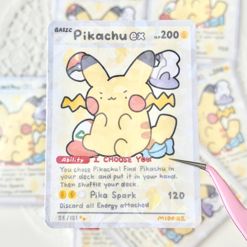 May include: A yellow Pikachu Pokemon card with a cartoon illustration of Pikachu. The card has the text "BASIC Pikachu ex HP 200" at the top. The card has the text "Ability I CHOOSE YOU" and "You chose Pikachu! Find Pikachu in your deck and put it in your hand. Then shuffle your deck." The card has the text "Pika Spark" and "Discard all Energy attached 120". The card has the text "25/151 MIDERZ" at the bottom.