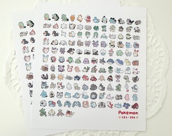 May include: A white sheet of paper with a grid of 12 rows and 12 columns of colourful cartoon Pokemon characters. The characters are numbered 252-366. The text "Pokemon" is written in red at the bottom of the sheet.