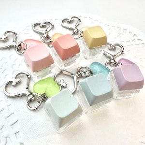 Kawaii Pastel Clicky Keycap Keyboard Switch Keychain with Heart Charm | Fidget Toy | Glow in the Dark Heart Charm
