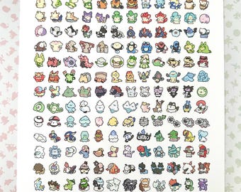Könnte beinhalten: Ein weißes Blatt mit einem Raster aus bunten, cartoonartigen Figuren. Die Figuren haben verschiedene Formen und Farben, mit Details wie Augen, Gliedmaßen und Mustern. Der Text "Pokemon 494-649" ist unten in Rot gedruckt.