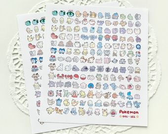 May include: Two white sheets of stickers featuring various colourful cartoon characters. The stickers are arranged in a grid pattern. The text "Pokemon 001-151" is printed in red at the bottom right corner.